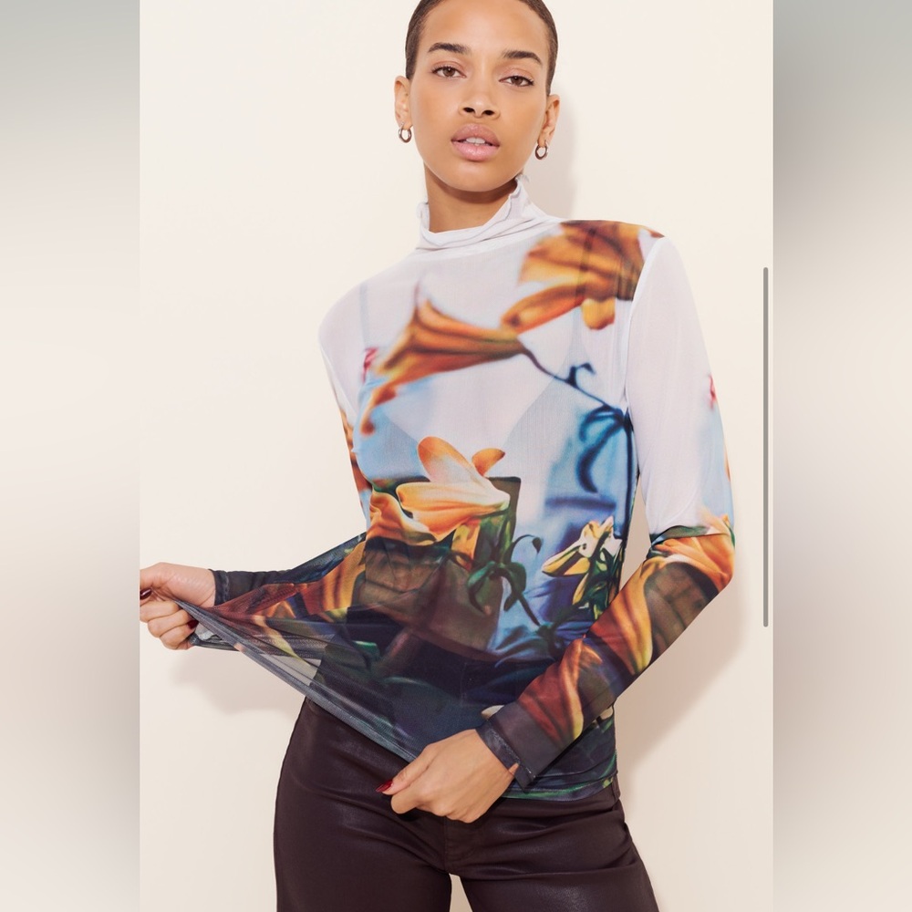 Paulie Printed Mock Neck Graphic Floral Long Sleeve Mesh Top